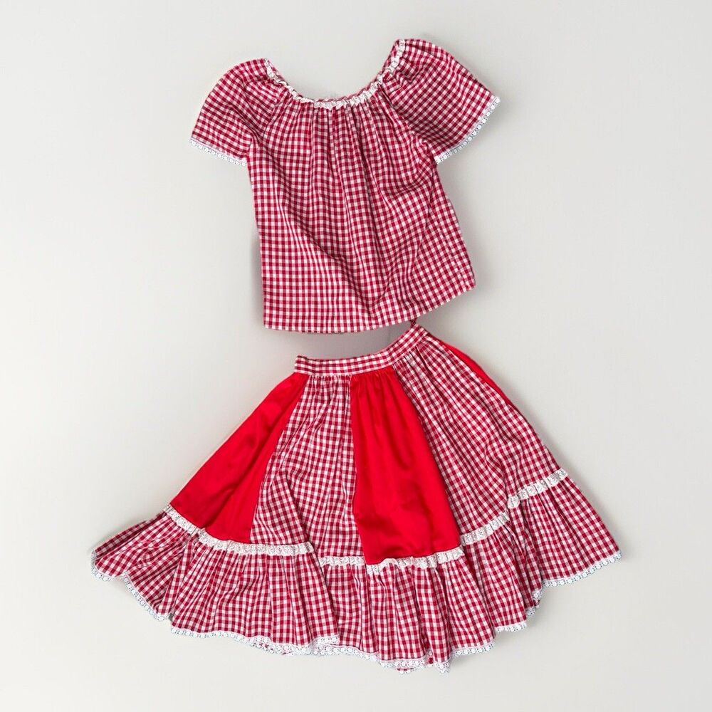 Rockmount Ranch Wear Red White Lace Plaid Skirt Shirt Square Dance Women XS-S